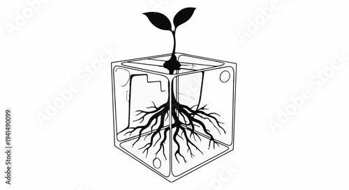 Seedling with roots growing inside a transparent cube, symbolizing growth and innovation