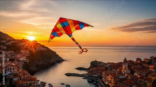 Vibrant kite soaring over a picturesque coastal town at sunset