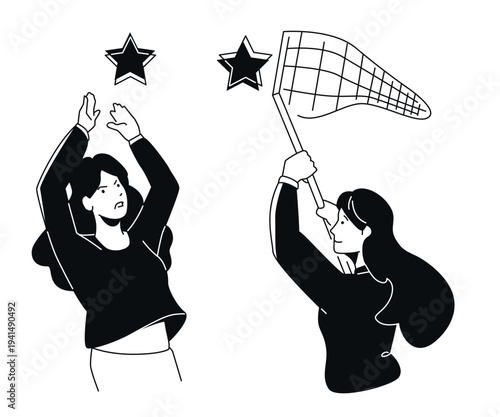 Catching Stars - Black and White Flat Design Illustration