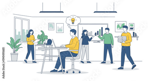 Diverse team collaborating in modern office with plants and technology, celebrating success