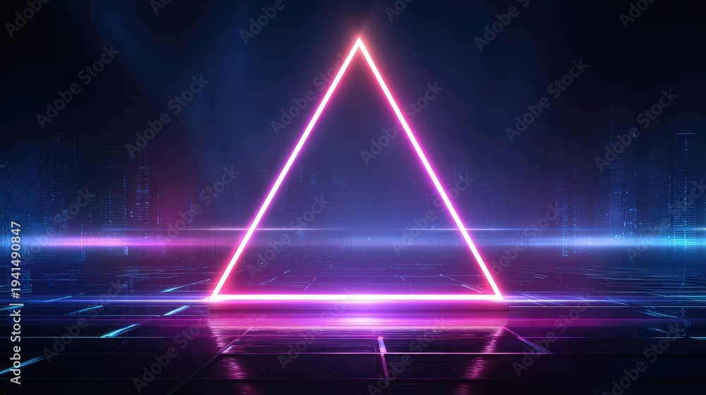 Fototapeta premium Neon triangle frame glowing in dark cyberpunk background with vibrant pink and purple lights creating futuristic design