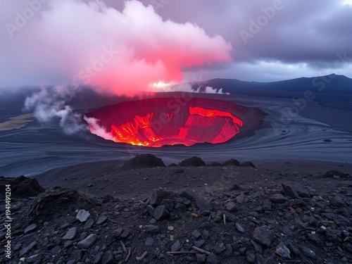 The raw power of an active volcano is evident in its glowing caldera and the stark, dramatic landscape of hardened lava and volcanic debris,  ancient,  dramatic