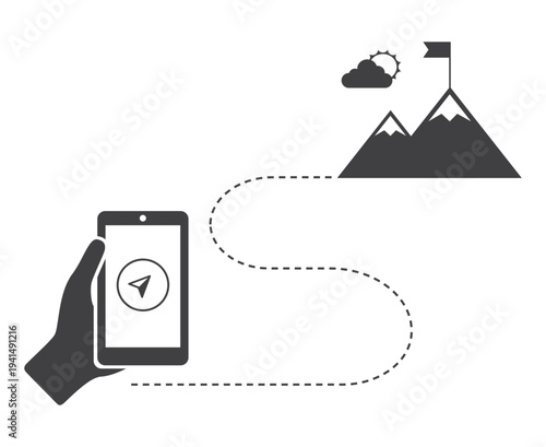 Hand with smartphone and gps compass navigation icon