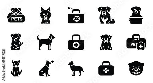 A collection of black pet icons depicting dogs cats veterinary tools and travel carriers in silhouette high quality professional detailed modern