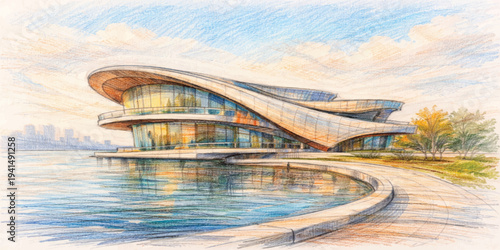 A majestic steel arch bridge spans the tranquil river, reflecting modern architecture and city landmarks against a cloudy sky as boats navigate the water amidst a scenic nature landscape