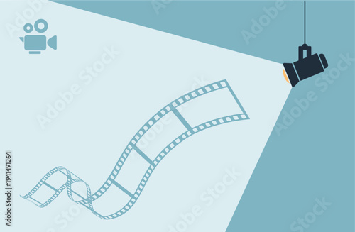 film reel and movie camera on stage with spotlight icon