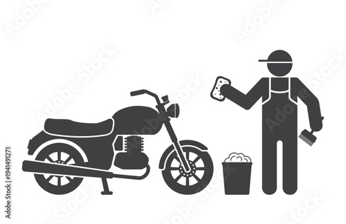 man wash classic motorcycle with sponge icon