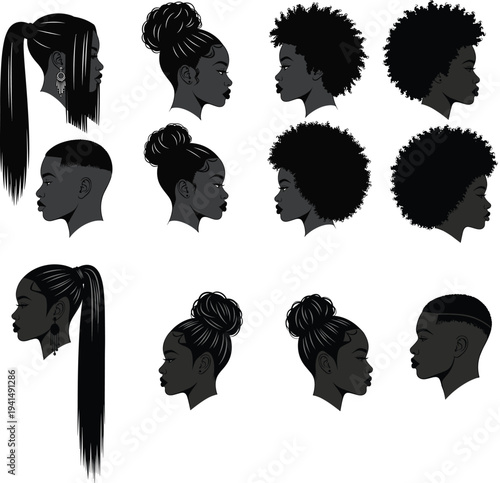 Collection of African men and women profile silhouettes with different hairstyles, afro hair and braids, diverse black identity portraits isolated on white background