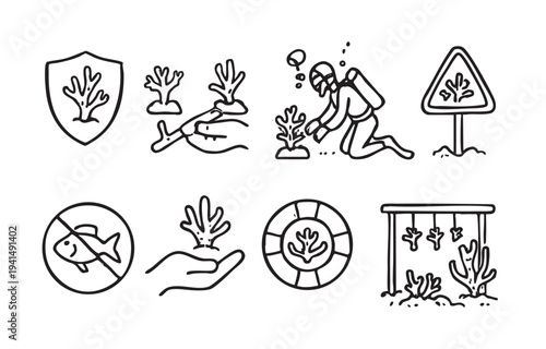 A black and white illustration showcasing various icons related to coral reef protection and conservation, including divers, safety signs, and hands planting coral.