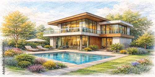 Luxurious tropical resort villa in Thailand featuring a modern house with a swimming pool nestled in a lush garden with palm trees under a summer skyLuxurious tropical resort villa in Thailand featuri