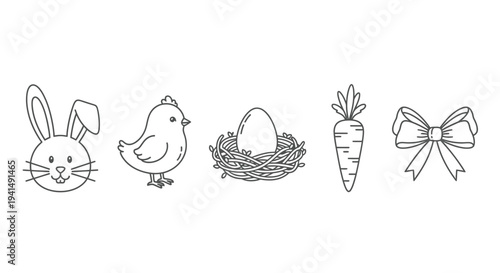 Easter themed vector graphic illustrations set with bunny chick egg carrot and bow