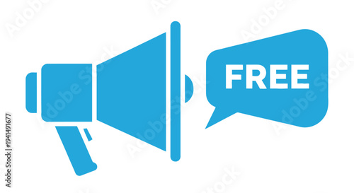 Blue megaphone icon with a speech bubble displaying the word free