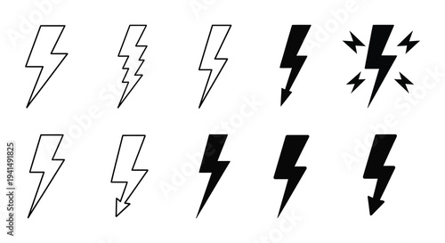 A collection of bold black lightning bolt icons and designs arranged on a white background silhouette high quality professional detailed