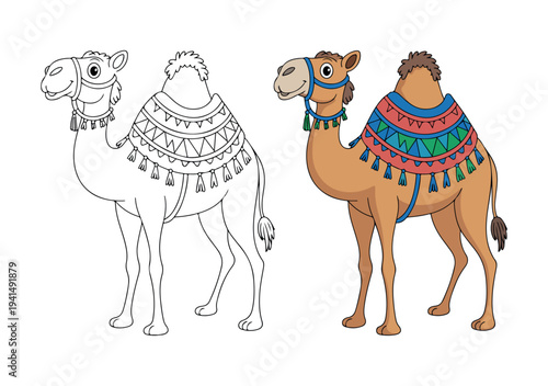 A cute desert camel illustration with a colorful decorated saddle alongside an outlined version ready for coloring
