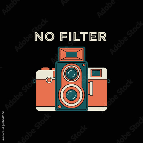 A stylish vintage camera illustration with the phrase 'No Filter,' representing authenticity, creativity, and the beauty of capturing real moments in life.