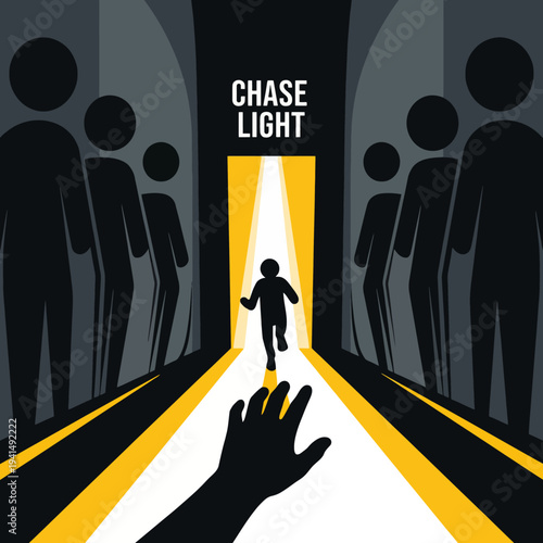 A child runs towards a bright light, contrasting with shadowy figures, symbolizing hope, freedom, and the pursuit of dreams against societal constraints and challenges.