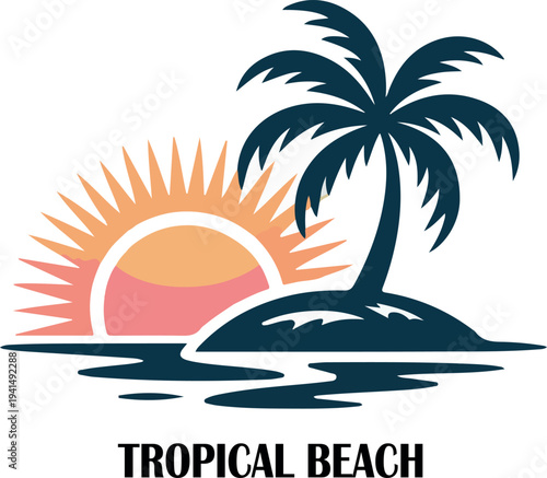 Topical sunset plam tree flower beach scene clipart logo icon vector white background