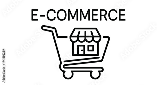 E commerce icon featuring a shopping cart and store building outline in black