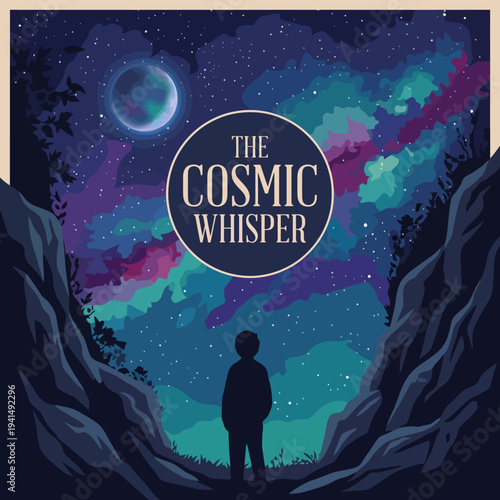 This captivating illustration embodies the wonder and mystery of the cosmos, depicting a child gazing at a starry sky filled with swirling galaxies and celestial bodies.