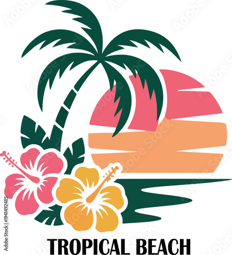 Topical sunset plam tree flower beach scene clipart logo icon vector white background