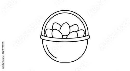 Simple black line art vector graphic illustration of an easter basket overflowing with small eggs