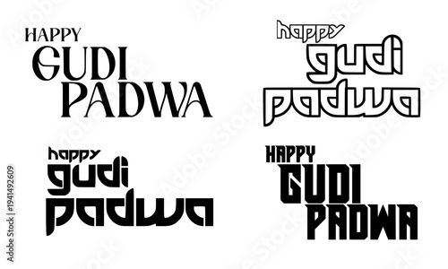 Happy Gudi Padwa bold typography lettering collection with minimal sans-serif, decorative outline, rounded script and condensed heavy font styles for Maharashtrian New Year