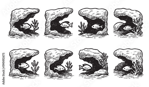 Seamless vector pattern features hand-drawn fish swimming within rock formations, creating an underwater scene suitable for backgrounds, textiles, or decorative design elements.