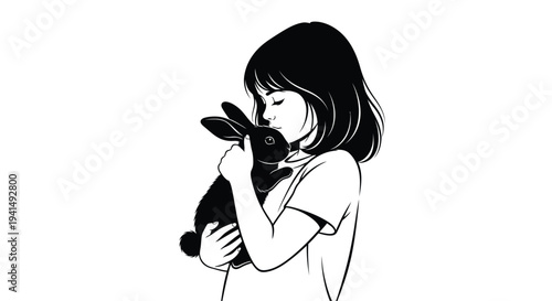 Black and white vector illustration of a young girl gently holding and kissing her pet rabbit with affection.