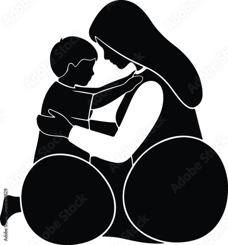 Vector loving mother embracing her child with abstract lines silhouette design