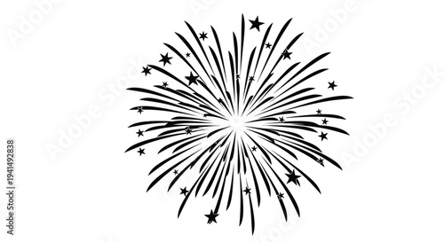 Black and white illustration of a firework explosion with numerous starbursts
