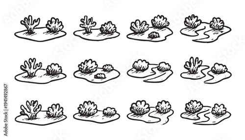 A set of twelve different black and white hand-drawn bush vector illustrations arranged in a seamless pattern, perfect for adding an organic touch to designs.