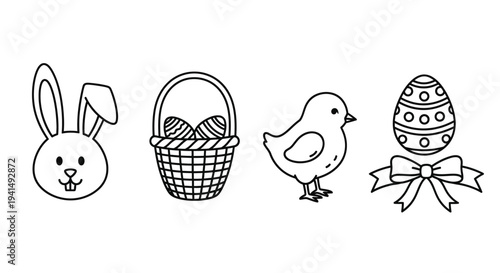 Simple outline vector graphic set featuring an Easter bunny chick basket and decorative egg icons