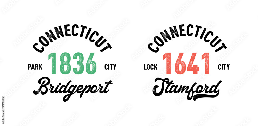 Obraz premium Connecticut, Bridgeport, Stamford with grunge texture emblem and print. Vintage hand drawn wanderlust style. Isolated on white background. Good for t shirt, mug, other identity. 