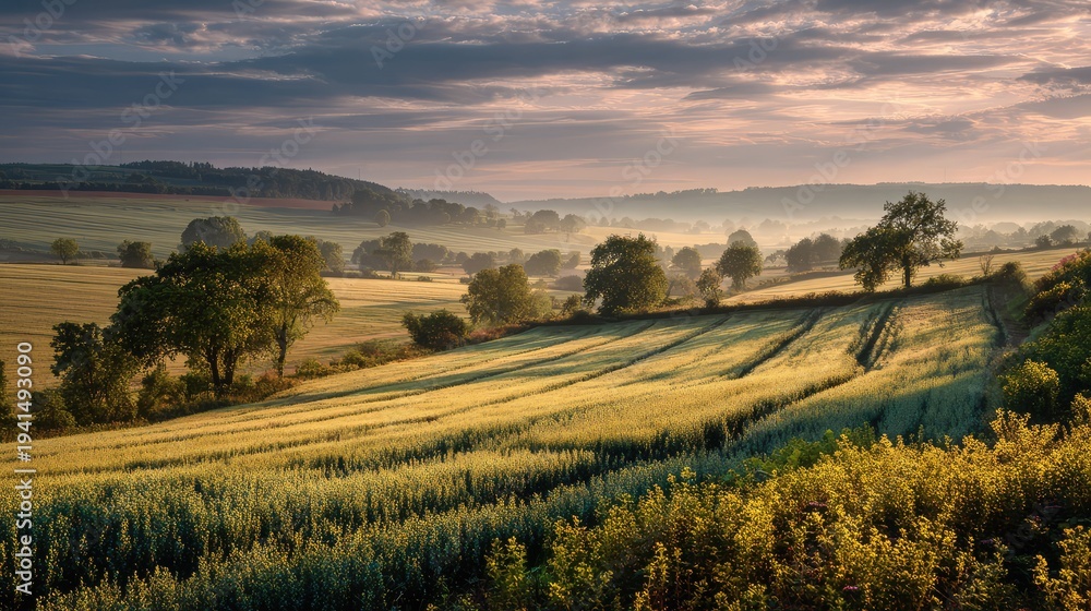 Obraz premium Spring sunrise shining across blooming countryside fields full of fresh plants