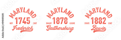 Maryland, Frederick, Gaithersburg, Bowie with grunge texture emblem and print. Vintage hand drawn wanderlust style. Isolated on white background. Good for t shirt, mug, other identity. 