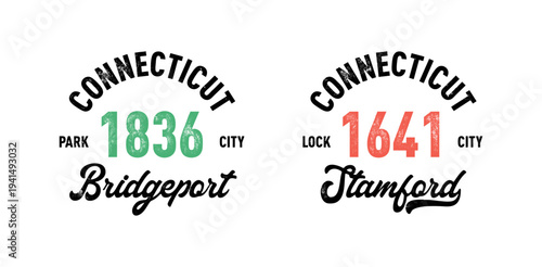 Connecticut, Bridgeport, Stamford with grunge texture emblem and print. Vintage hand drawn wanderlust style. Isolated on white background. Good for t shirt, mug, other identity. 