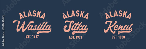Alaska, Sitka, Kenai, Wasilla with grunge texture emblem and print. Vintage hand drawn wanderlust style. Isolated on white background. Good for t shirt, mug, other identity. 