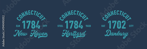 Connecticut, New Haven, Hartford with grunge texture emblem and print. Vintage hand drawn wanderlust style. Isolated on white background. Good for t shirt, mug, other identity. 