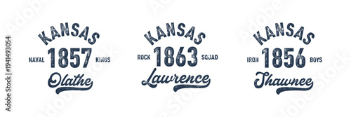 Kansas, Lawrence, Olathe with grunge texture emblem and print. Vintage hand drawn wanderlust style. Isolated on white background. Good for t shirt, mug, other identity. 