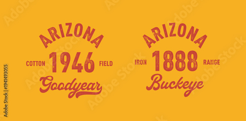 Arizona, Goodyear, Buckeye with grunge texture emblem and print. Vintage hand drawn wanderlust style. Isolated on white background. Good for t shirt, mug, other identity. 