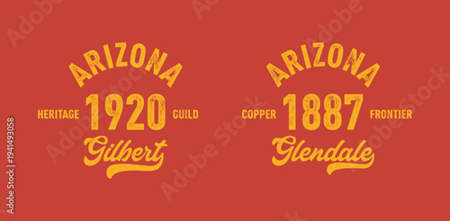 Arizona, Gilbert, Glendale with grunge texture emblem and print. Vintage hand drawn wanderlust style. Isolated on white background. Good for t shirt, mug, other identity. 