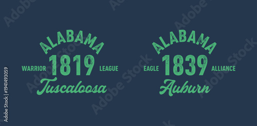 Alabama, Tuscaloosa, Auburn with grunge texture emblem and print. Vintage hand drawn wanderlust style. Isolated on white background. Good for t shirt, mug, other identity. 