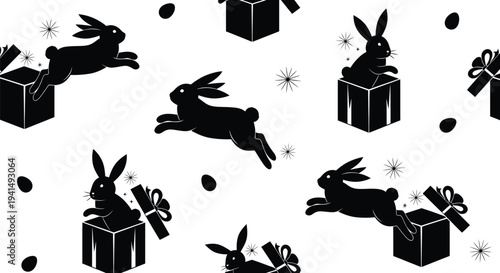 Black and white vector illustration of cute bunnies jumping from gift boxes in a seamless pattern.
