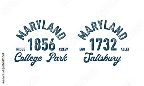 Maryland, College Park, Salisbury with grunge texture emblem and print. Vintage hand drawn wanderlust style. Isolated on white background. Good for t shirt, mug, other identity. 