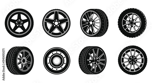 A collection of various car wheel designs presented in a stark black silhouette showcasing automotive engineering high quality professional detailed modern