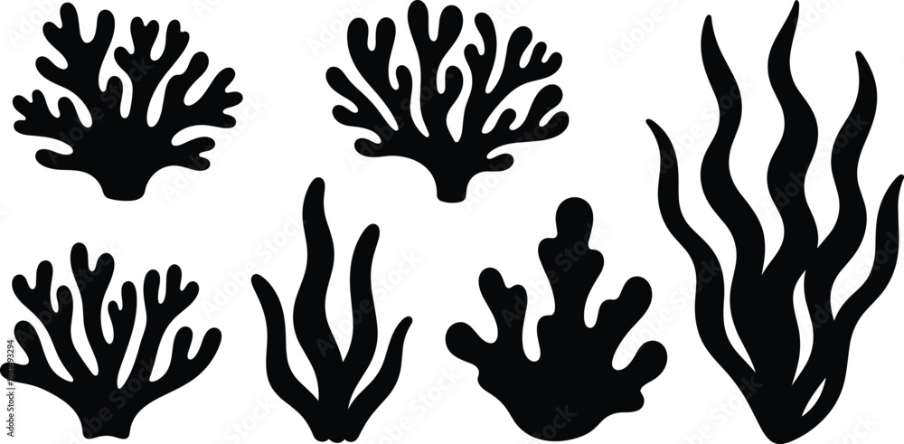 Fototapeta premium Black Seaweed and Coral Silhouette Collection with Underwater Plant Elements Isolated on White Background for Marine Life Graphic Design Projects