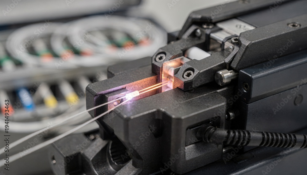 Fototapeta premium Closeup of a fiber optic splicer precisely aligning glass fibers with a blurred indoor splice tray in the background highlighting intricate fusion splicing work.