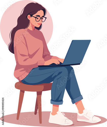 donna al computer che usa un laptop in ufficio casa al bar vettoriale, portatile