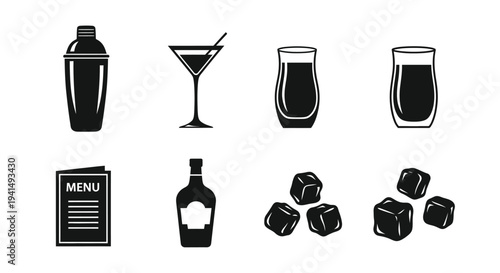 Black and white icons depicting barware menu and drink ingredients silhouette