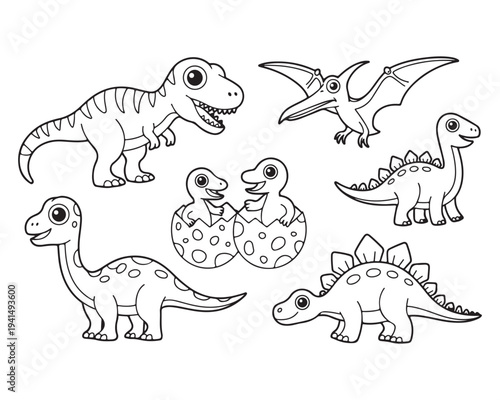 A delightful collection of various cartoon dinosaur outlines including hatching babies and a flying pterodactyl